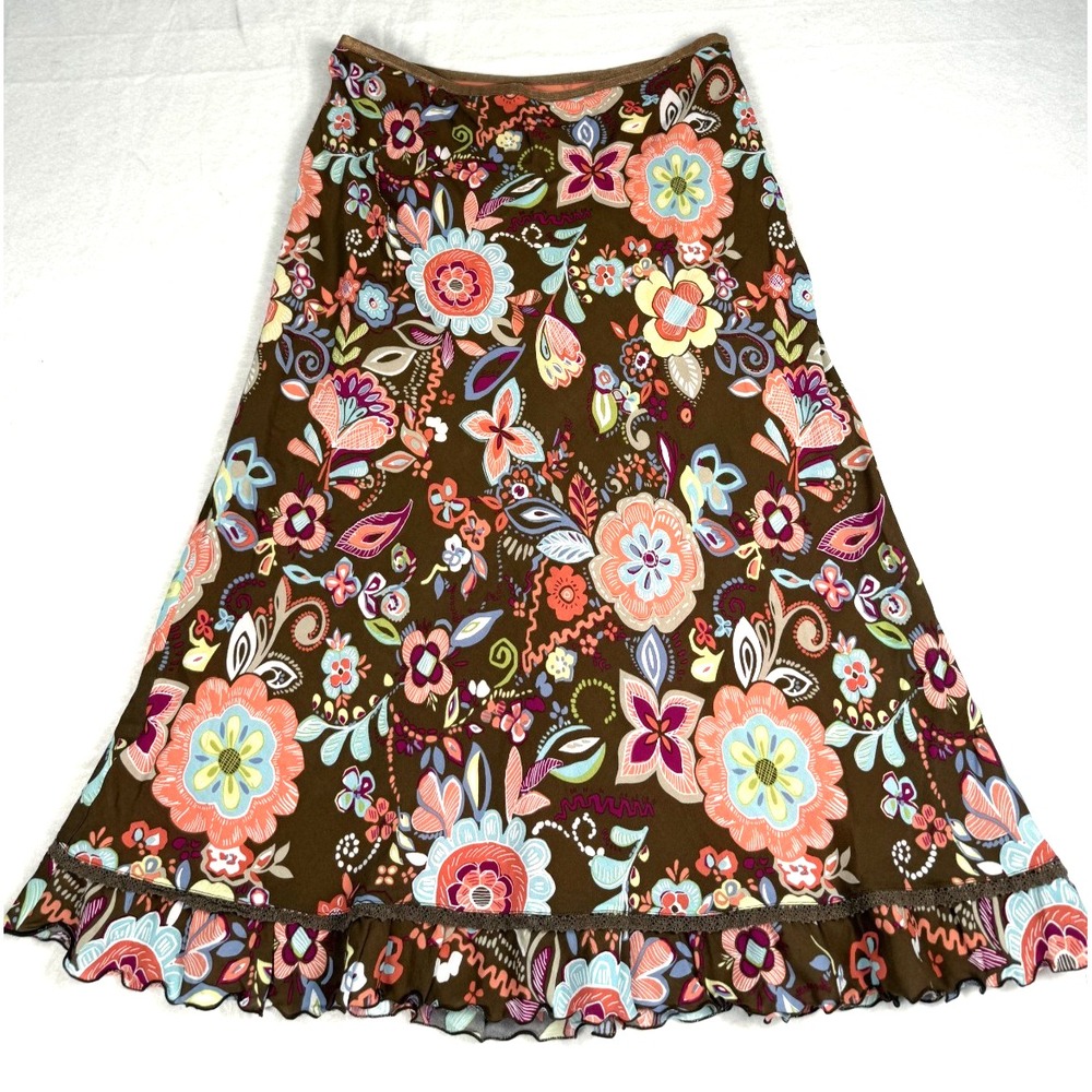 Susan Bristol Midi Floral Ruffle Skirt Womens 10 Brown Multi A-Line VTG SB-410